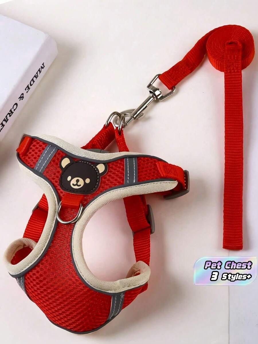 Cute Cartoon Bear Pattern Reflective Stripe Pet Chest And Back Harness Leash Set, Made Of Soft Nylon Material, Adjustable Vest Design With Metal Buckles. Suitable For Small And Medium-Sized Dogs And Cats For Outdoor Walks. - Red - View 1