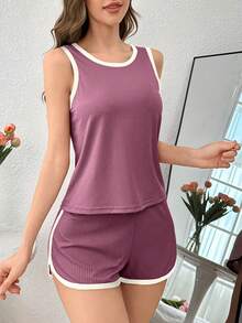 Bộ đồ ngủ nữ kiểu dáng thường ngày gồm áo tank top và quần short, viền tương phản. - Màu tím - Xem 3