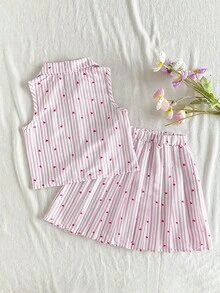 Vintaside Kids Conjunto de niña preadolescente con estampado de corazones a rayas - Perfecto para salidas diarias y reuniones casuales - Rosa Pálido - Ver 2