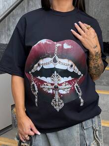SAYEHFBABY Coolgirl 男女夏季街頭風情侶裝嘻哈圖案黑色寬版休閒T恤 - 黑色 - 查看 6