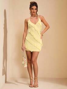 SHEIN BAE Pale Yellow Summer Mama Mia Brunch Night Out Party,Chiffon Multi-Layer Ruffle Hem Cake Mini Dress,Y2K Modest Style Beach Holiday Birthday - Yellow - View 5