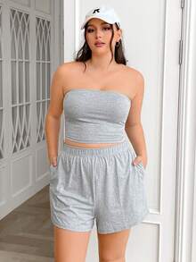 Comfortcana Bộ 2 món dành cho nữ cỡ lớn, áo quây và quần short, thích hợp cho mùa hè. - Màu Xám nhạt - Xem 5
