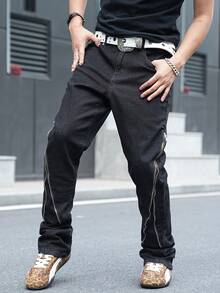 Manfinity EMRG Men's Casual Zip Detail Slant Pocket Denim Jeans - Black - View 3