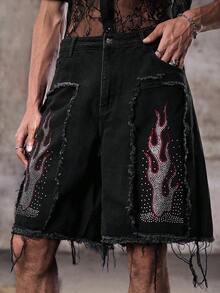 Skyrend Quần jeans rách kiểu Mỹ đính đá hình ngọn lửa - màu đen - Xem 6