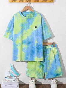 SHEIN Setelan 2 Potong untuk Remaja Laki-laki: Kaos Lengan Pendek dan Celana Pendek Kasual Motif Tie-Dye, Cocok untuk Liburan Musim Semi dan Musim Panas - MultiWarna - View 4