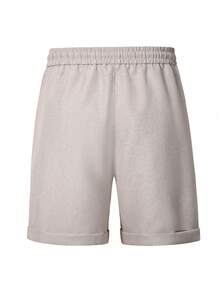 Manfinity Homme Quần short nam cạp chun, dây rút, phối da, kiểu dáng thường ngày, phong cách đường phố. - Màu Khaki - Xem 2