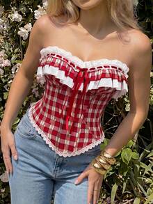 Glamine Charm Áo ống nữ thời trang họa tiết kẻ caro, viền bèo nhún, thích hợp cho mùa hè. - Đỏ - Xem 5