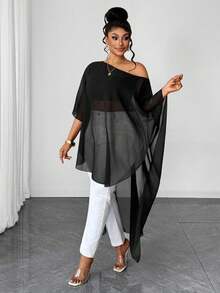 Maweii Camicetta elegante in chiffon nero trasparente da donna taglie forti, con spalle scoperte e maniche asimmetriche, indossabile in più modi con parte anteriore corta e posteriore lunga, camicia in chiffon nero, outfit casual estivo taglie forti, adatta per spiaggia, festival musicali, appuntamenti serali, nuova camicia lunga taglie forti - nero - Visualizzare 4