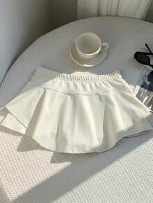 SHEIN EZwear Women's Casual Elastic Waist Skort, Solid Color, Minimalist, Suitable For Daily Commute, Summer - Light Yellow - View 5