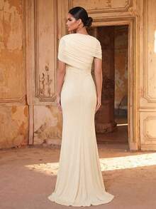 Aureia Elegant Luxurious Minimalist Solid Color Chiffon Overlay Ruffle Decor Fishtail Hem Bridesmaid Dress - Apricot - View 2