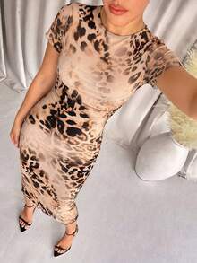 SHEIN Lavishia Đầm lửng họa tiết da báo lãng mạn dành cho nữ, thích hợp cho kỳ nghỉ hè. - Màu be - Xem 3