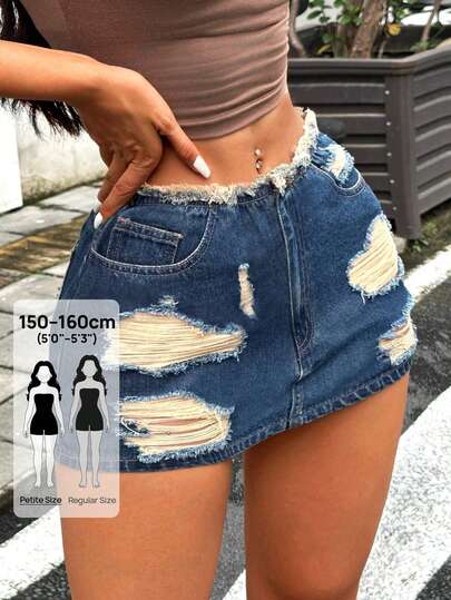 SHEIN PETITE Petite Women Distressed Denim Skirt