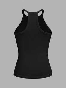 Slaydiva Women's Black Summer Basic Ribbed Tank Top,Casual Crew Neck Racer Back Off-Shoulder Vest For Night Out,Parties,Sports & Yoga,Boho Beach Outfits - Black - View 2