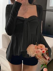 DAZY 女士纯色休闲扭结吊带背心和开衫两件套夏季 - 黑色 - 查看 4