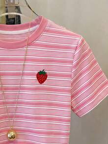 Pink Casual Basic Cute Sports Campus SocialOccasions Graduation T-Shirt For Teen Girl,Comfortable Fit For Spring/Summer Strawberry Digital Printing - Pink - View 5