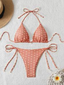 Swim Mod Bộ bikini gợi cảm buộc dây cổ, họa tiết chấm bi mùa hè dành cho nữ, đồ bơi in ngẫu nhiên cho nữ, bộ bikini chấm bi cho kỳ nghỉ du lịch biển tắm nắng, trang phục bikini nữ. - Nhiều màu - Xem 1
