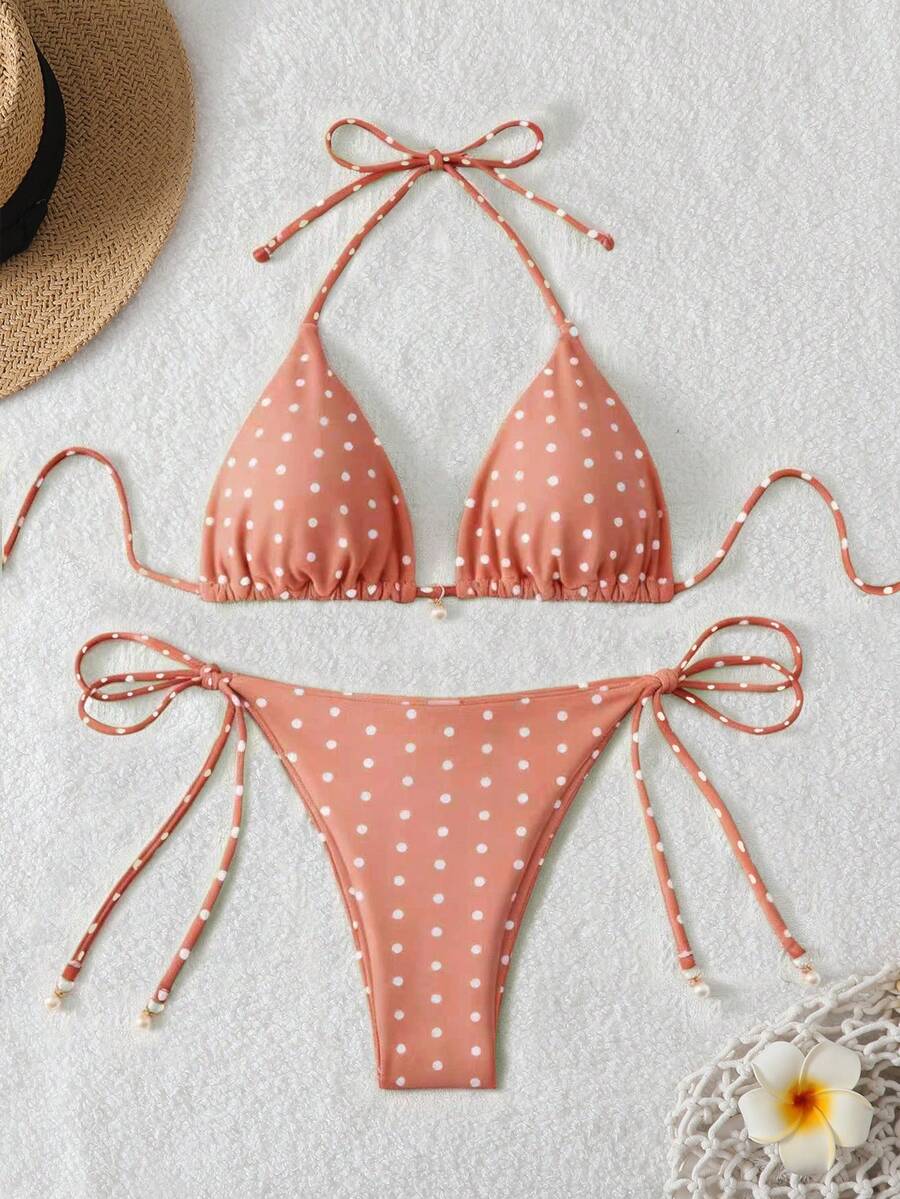 Swim Mod Bộ bikini gợi cảm buộc dây cổ, họa tiết chấm bi mùa hè dành cho nữ, đồ bơi in ngẫu nhiên cho nữ, bộ bikini chấm bi cho kỳ nghỉ du lịch biển tắm nắng, trang phục bikini nữ. - Nhiều màu - Xem 1