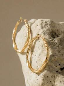 Textured Twist Design Hoop Earrings - Yellow Gold - View 4