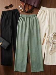 Set de 3 pantalones de pierna ancha para mujer, multicolor, elegantes y casuales. Tela de poliéster, apto para cualquier temporada, ajuste de cintura natural con resorte ligero y cordón ajustable. Sin bolsillos. Textura lisa sin estampados. Interior muy fresco, ligero y cómodo. Ideales para el uso diario. Te llegarán 3 pantalones en colores al azar. - Multicolor - Ver 4