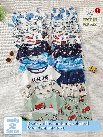 Set de 8 piezas con entrega aleatoria de 2 piezas de pijama ajustado, ropa de estar en casa para bebés y niños pequeños con estampados lindos de animales marinos como tiburón, estrella de mar, rinoceronte, tortuga, de manga corta y pantalones cortos