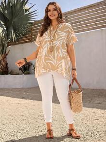 Rosumi Plus Size Casual Floral Print Pants Solid Color Slim Fit Pants 2 Pieces Set Gym Brown Summer - Multicolor - View 7