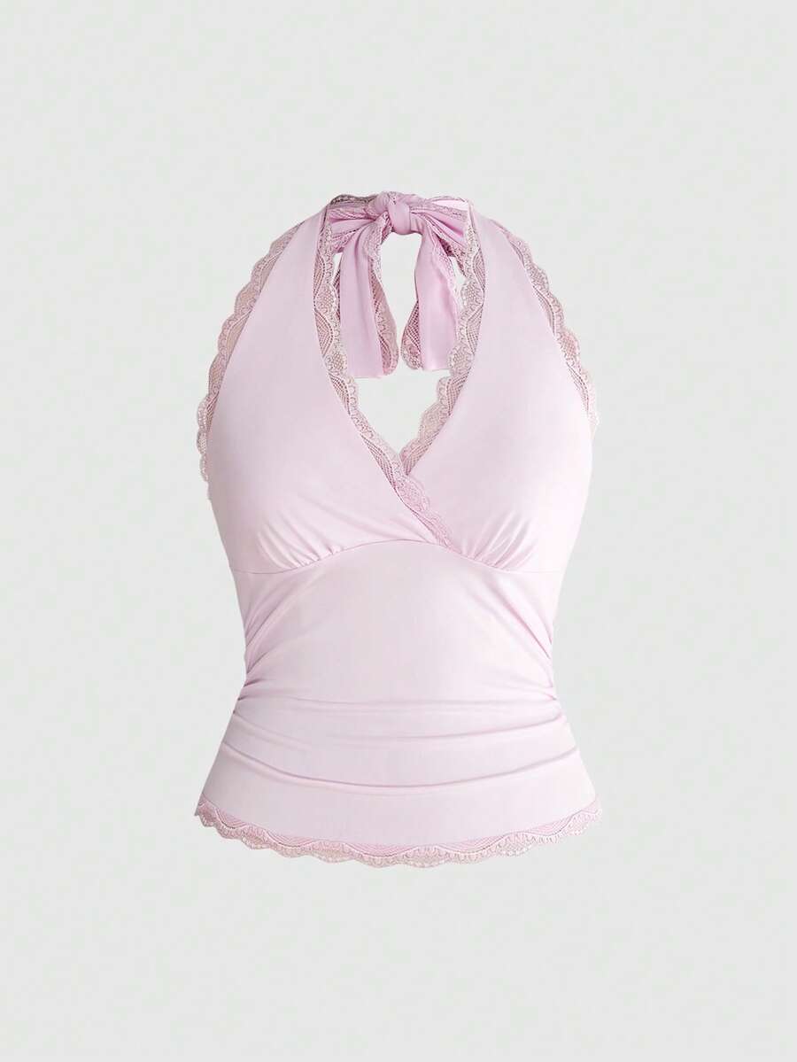 ROMWE Grunge Punk Y2K Lace Plus Size Halter Neck Camisole For Women - Pink - View 1
