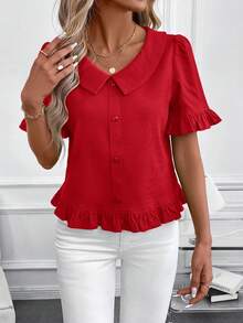 SHEIN Clasi Áo nữ tay ngắn, màu trơn, cài cúc phía trước, kiểu dáng thường ngày, thích hợp mặc đi chơi, trang phục mùa hè cho nữ. - Đỏ - Xem 5
