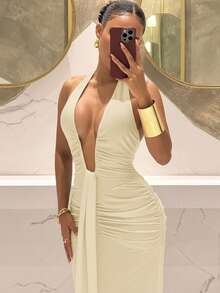 Slaydiva 2025新款优雅深V领美人鱼连衣裙，适合派对、生日、酒吧、夜店、情人节、万圣节、圣诞节等场合 - 棕色 - 杏色 - 查看 5