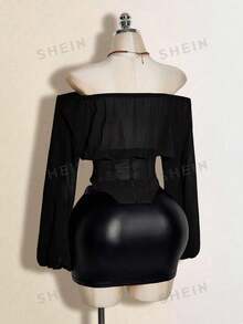 SHEIN ICON Áo kiểu nữ màu nâu, tay dài, trễ vai, phong cách phương Tây, phối nhiều mảnh vải, eo, thích hợp cho mùa thu/đông. - màu đen - Xem 8