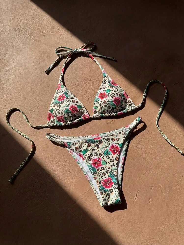 Women's Leopard & Floral Print Swimsuit Set, Vacation & Beach