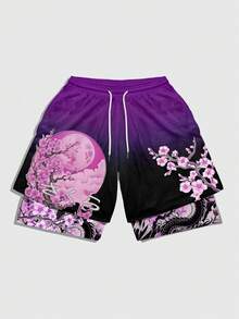 ROMWE MEN Anime Men's Summer Casual Floral & Dragon Print Drawstring Waist Shorts - Multicolor - View 3
