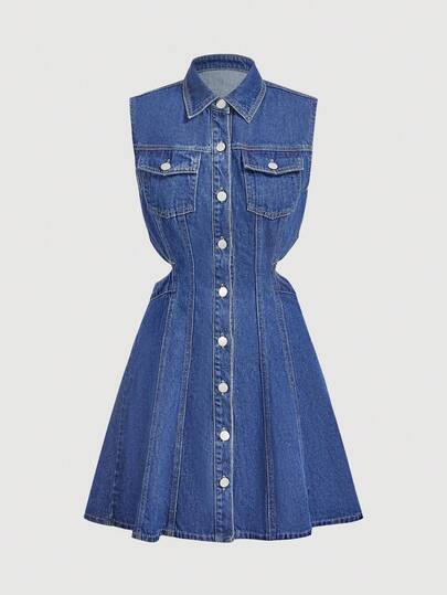 Sweetra Women's Sleeveless Backless Blue Denim Dress
