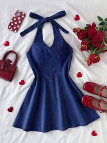SHEIN MOD Robe en jean décontractée pour femmes avec col cravate, pour tous les jours, sorties et rendez-vous - Jean brut - Voir 3