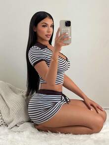 SHEIN SXY 休闲条纹性感翻领短裤套装 - 彩色 - 查看 6