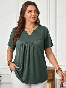 Rosumi Plus Size Summer Casual Solid Color Notched Neck T-Shirt - Green - View 2