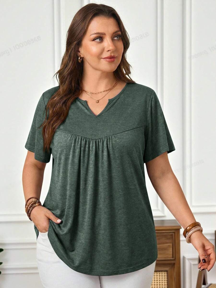 Rosumi Plus Size Summer Casual Solid Color Notched Neck T-Shirt