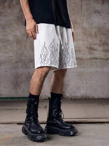 Skyrend Men's Drawstring Waist Flame Print Casual Versatile Daily Wear Shorts Graphic Shorts Flame Shorts White Shorts Drawstring Shorts Fire Shortsemo Grunge - White - View 5