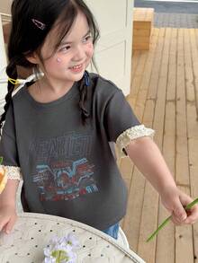 Dazy Kids Kaos Pullover Leher Bulat Anak Perempuan dengan Desain Patchwork Motif Bunga Musim Panas - Dark Grey - View 4