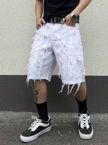 Manfinity EMRG Men's Summer Casual Frayed Slant Pocket Wide Leg Denim Shorts - White - View 5
