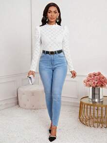 SHEIN Lady Lỗ gắn thêu Lá sen tỉa Áo thun - trắng - Xem 4