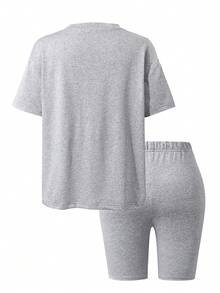 SHEIN Loose Fit Short Sleeve T-Shirt And Shorts Set, Sporty Style, Lightweight Fabric, Suitable For Daily Wear, Casual Or Workout - Grey - View 2