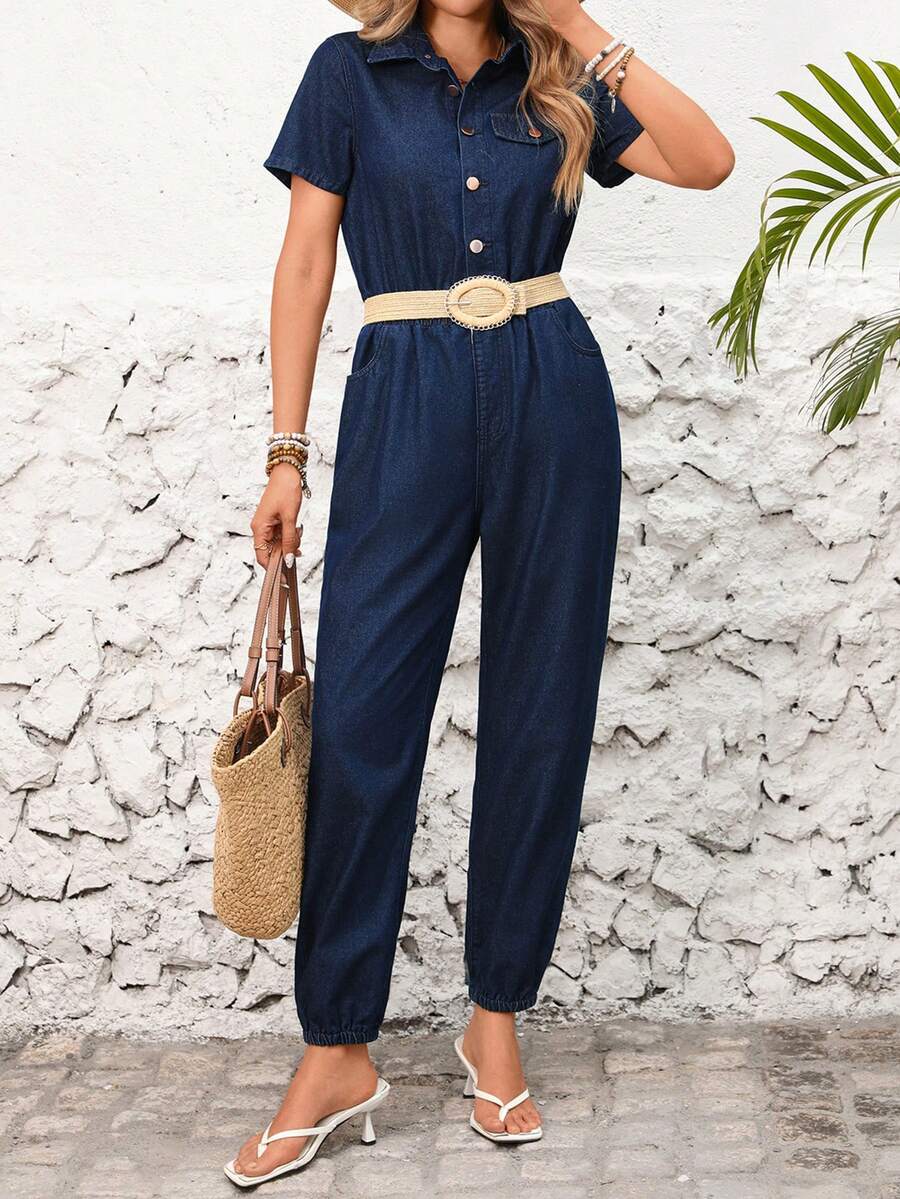 SHEIN LUNE Mono vaquero de mujer con botones y bolsillos, versátil y de moda - Azul lavado oscuro - Ver 1