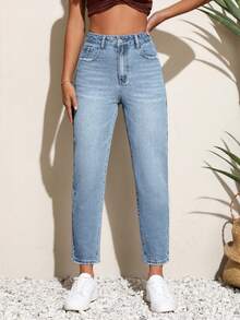 SHEIN PETITE Women's Solid Color Minimalist Everyday Jeans ,Petite Women - Blue - View 5