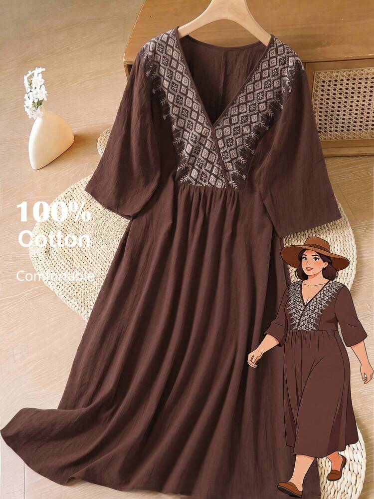 Plus Size Women V-Neck Geometric Print Ruched Casual Party Dress,Summer Outfit For Women , Vacation Outfits Women,Country Style For Women,Casual Dresses For Women Brown Dresses For Ladies Brown Boho Dress Bohemian Dresses For Women Brown Beach Dress Brown Cover Up Swimwear