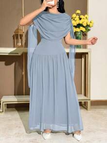 Modelyn Robe mi-longue élégante pour femmes avec encolure drapée froncée et taille cintrée, pour l'été - Bleu ciel - Voir 4