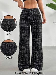 SHEIN Tall CURVE 大码女式格子阔腿宽松休闲裤 - 黑色 - 查看 1