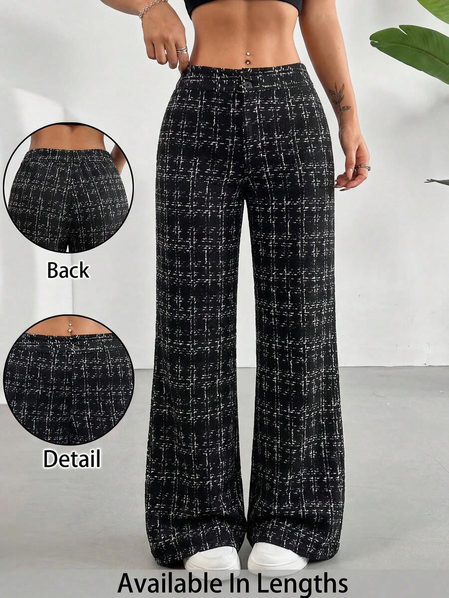SHEIN Tall CURVE 大码女式格子阔腿宽松休闲裤 - 黑色 - 查看 1