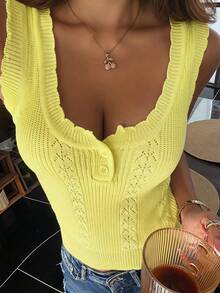DAZY 女士纯色修身短款圆领蕾丝边休闲度假夏季薄款针织毛衣 - 黃色 - 查看 1