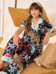 Chillnights Young Tiger & Floral Print Ruffled Women Pajama Set - Black - View 5