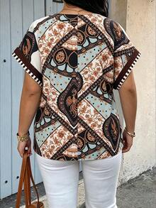 Weeklong Plus Size Women's Spring/Summer Floral Placement Print Casual Vacation Shirt - Multicolor - View 2